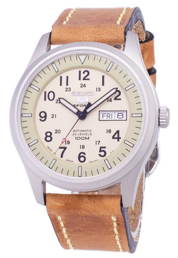 Seiko 5 Sports SNZG07J1-var-LS17 Military Japan Made Brown Leather Strap Men's Dress Watch