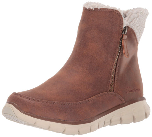 Skechers Women's Synergy-Short Quarter Zipper Boot with Sherpa Trim Snow, Chestnut, 8.5 M US