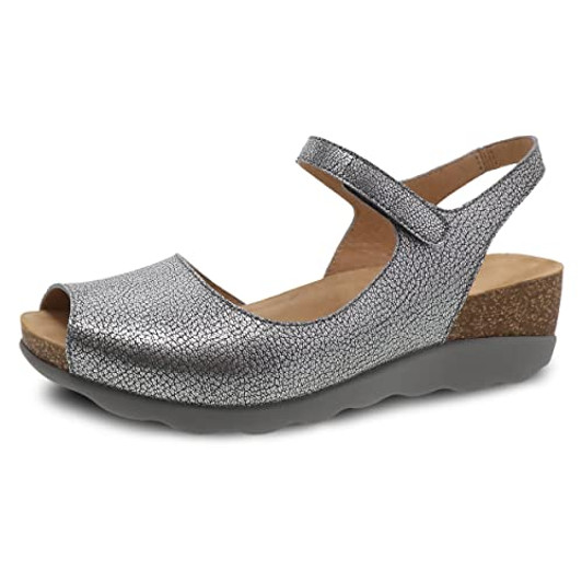 Dansko Marcy Slip-On Wedge Sandal for Women Comfortable Wedge Shoes with Arch Support Adjustable Hook & Loop Strap Lightweight Rubber Outsole Pewter Metallic Sandals 7.5-8 M US