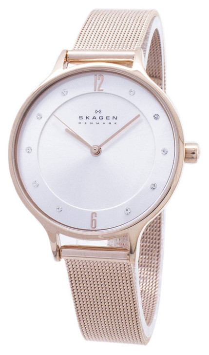 Skagen Anita Silver Dial Crystal Rose Gold-Tone Mesh Bracelet