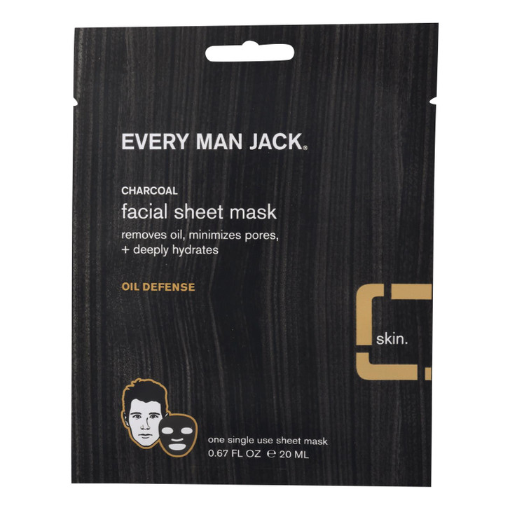 Every Man Jack Face Mask - Activated Charcoal Facial Sheet Mask - Case of 6 - .67 oz.