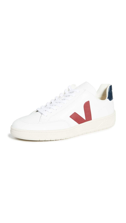 Veja Men's V-12 Leather Sneakers, Extra White/Marsala/Nautico, 11.5 Medium US