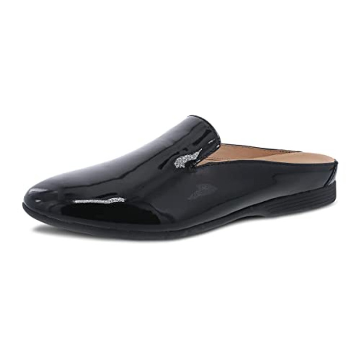 Dansko Lexie Slip-On Mules for Women Comfortable Flat Shoes with Arch Support Versatile Casual to Dressy Footwear Lightweight Rubber Outsole, Black Patent, 8.5-9 M US