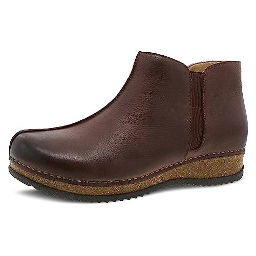 Dansko Makara Ankle Boot - Dual-Density Cork/EVA Midsole and Lightweight Rubber Outsole Provide Durable and Comfortable Ride on Patented Stapled Construction Brown Waxy Milled 6.5-7 M US