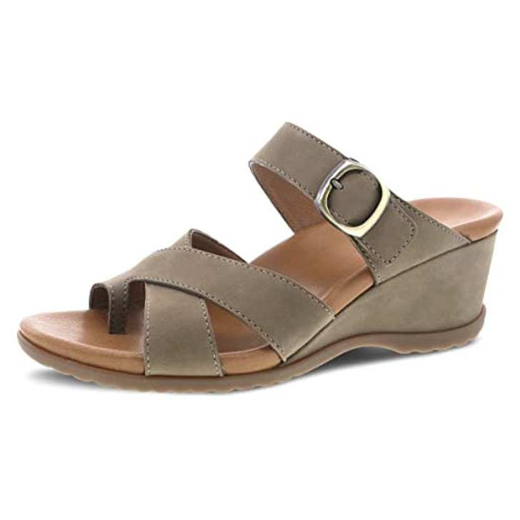 Dansko Aubree Wedge Sandal for Women Cushioned, Contoured Footbed for All-Day Comfort and Support Adjustable Hook & Loop Strap with Buckle Detail Lightweight Rubber Outsole Taupe 10.5-11 M US