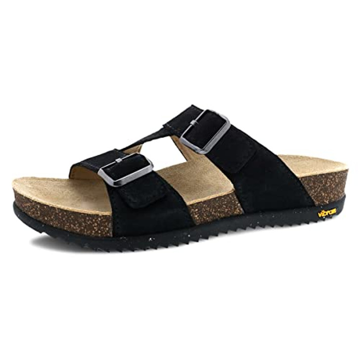 Dansko Dayna Double Buckle, Slip-On Suede Sandal for Women - Cushioned, Contoured Cork midsole for Comfort and Shock Absorption - Vibram ECOSTEP EVO Rubber Outsole Black 8.5-9 M US