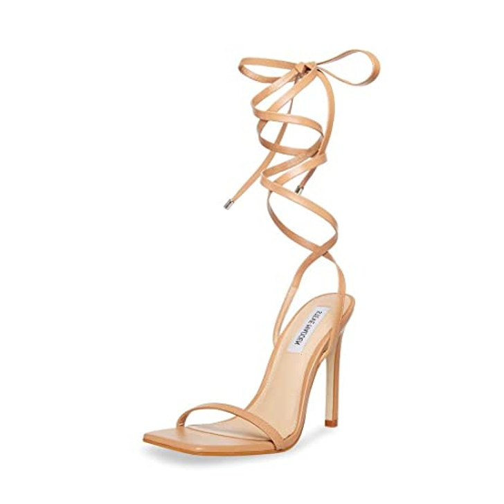Steve Madden Uplift Natural Leather Strappy Open Toe Tie Up Stiletto High Heel Sandals, Natural, 10 US