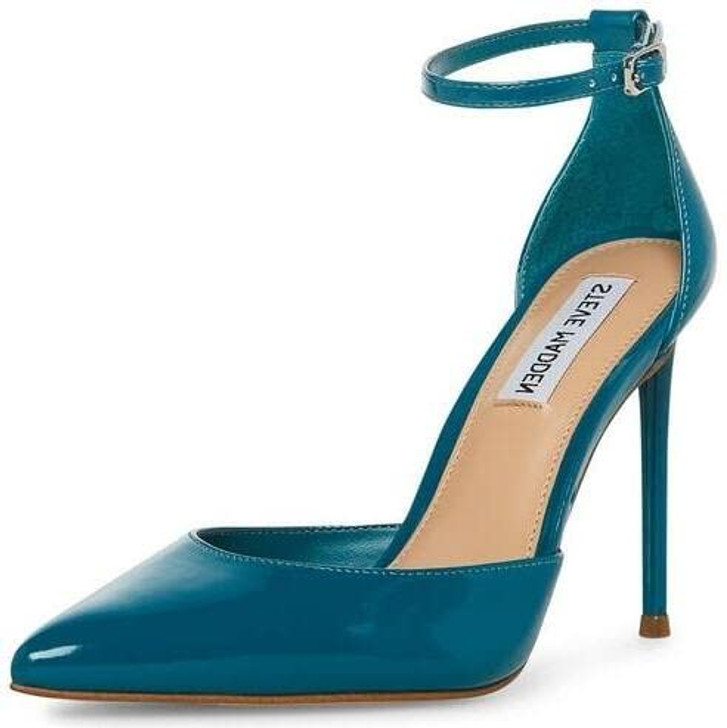 Steve Madden Valid Teal Patent Ankle Strap Pointed Toe Stiletto Heeled Pumps (Teal Patent, 7)