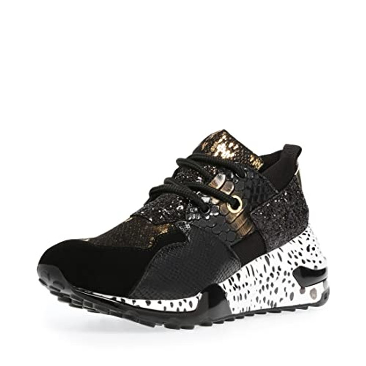 Steve Madden Cliff Round-Toe Lace Up Platform Fashion Chunky Sneakers Black Gold (Black/Gold, 8)