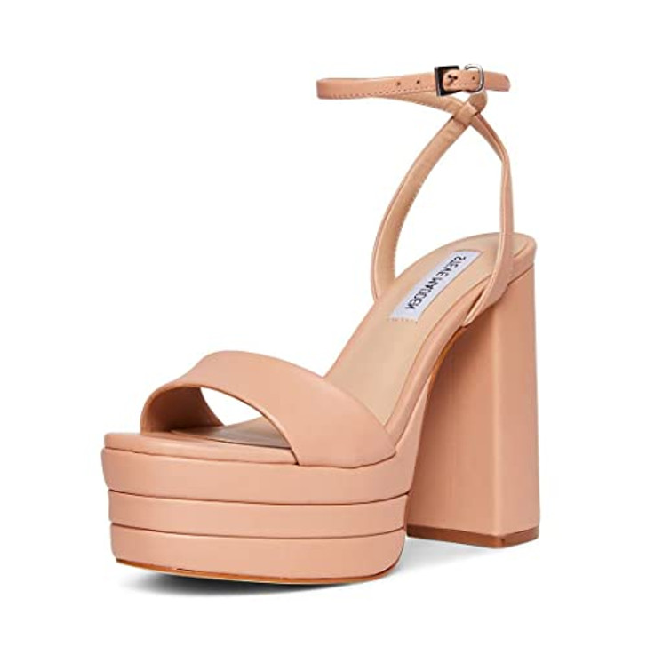 Steve Madden Lia Natural Ankle Strap Block Heel Rounded Open Toe Heeled Sandals (Natural Layered Platform, 8)