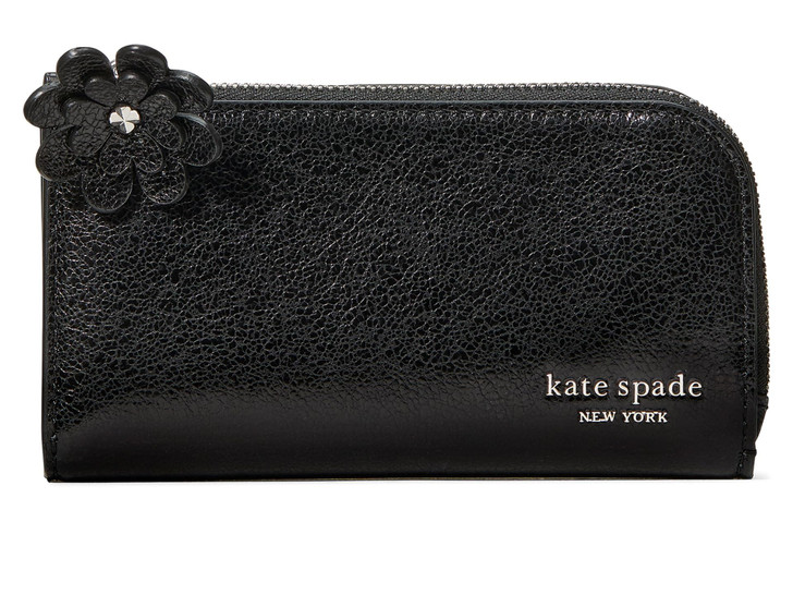 kate spade new york Devin Pebbled Leather Small Slim Bifold Wallet, Glazed Black with Novel Zip Pull