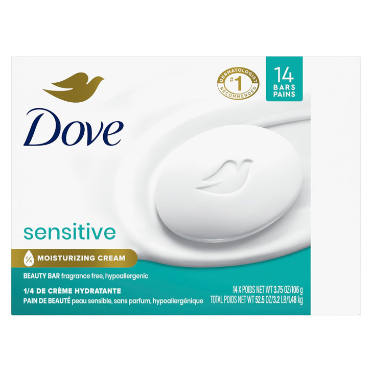 Dove Bar Soap - Softer Skin, Fragrance-Free, Hypoallergenic, Sensitive Skin with Gentle Cleanser, 3.75 oz (Pack of 14 Bars)