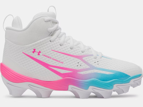 UA Spotlight Hammer JR Kids Football Cleat-White Fresco Blue/Pink Rave