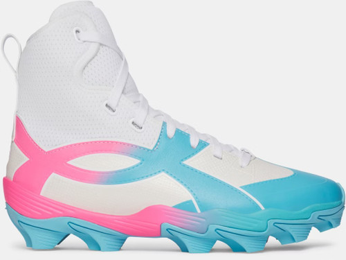 UA Highlight RM Football Cleat-White/Fresco Blue/Pink Rave