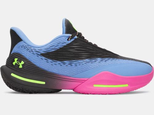 UA D. Fox 3 Grade School Basketball Shoe-Black/Horizon Blue/Hyper Green