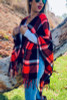 Plaid Printed Cozy Ruana Cardigan With Tassel. One size, bright red