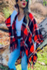 Plaid Printed Cozy Ruana Cardigan With Tassel. One size, bright red