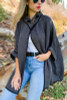 Two toned color mixed poncho cardigan with clip holder button, black and grey color.