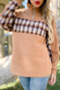 Plaid print color block half zip up detail fleece top