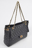 Black Quilted Chain Handbag Front Pocket Zipper Closure Very Large Bag, Exquisite Luxurious Head Turning Handbag
