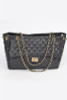Black Quilted Chain Handbag Front Pocket Zipper Closure Very Large Bag, Exquisite Luxurious Head Turning Handbag