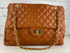Camel Quilted Chain Handbag Front Pocket Zipper Closure Very Large Bag, Exquisite Luxurious Head Turning Handbag