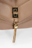 Taupe quilted crossbody envelope shape gold hardware front tassel detail