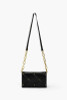 Black Baguette Crossbody Premium Vegan Leather Quilted Stitching Accessorized with Gold Rhinestone Studs Chain Links
