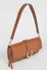 Camel Faux leather sleek rectangle shape shoulder bag 10.25 wide by 3.75 high by 2 inches deep polyurethane, mixed metal