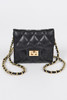 Black quilted Crossbody wallet 4.25 wide by 3.75 high by 1.25 deep polyurethane, mixed metal