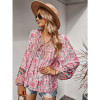 Floral BoHo V-neck loose long sleeve elastic cuff sleeves tunic blouse summer gypsy hippie bohemian flower shirt