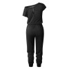 One shoulder off shoulder drawstring straight leg solid woman's jumpsuit in black