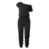 One shoulder off shoulder drawstring straight leg solid woman's jumpsuit in black