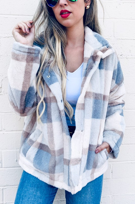 Plaid printed faux fur cozy jacket