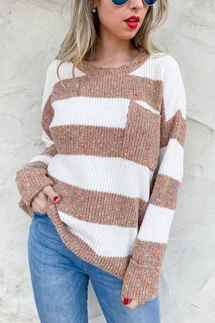 Multi popcorn striped pocket detail casual tunic knit.