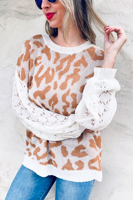 Leopard Printed Textured Sleeve Detail Casual Light Weight Knit Top