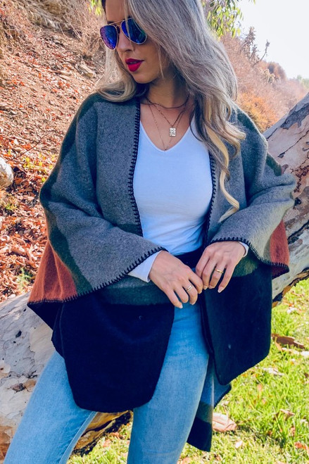 Color blocked stitch detail cozy ruana cardigan