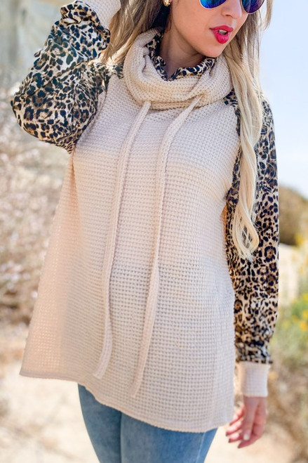 Leopard print double turtleneck waffle knit casual tunic top