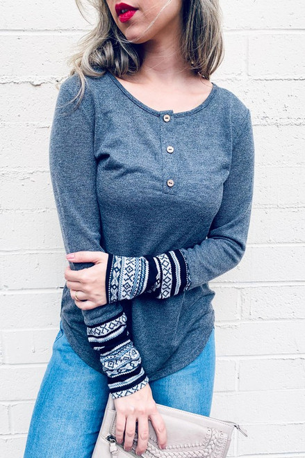 Aztec print sleeve detail casual button knit top