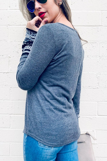 Aztec print sleeve detail casual button knit top