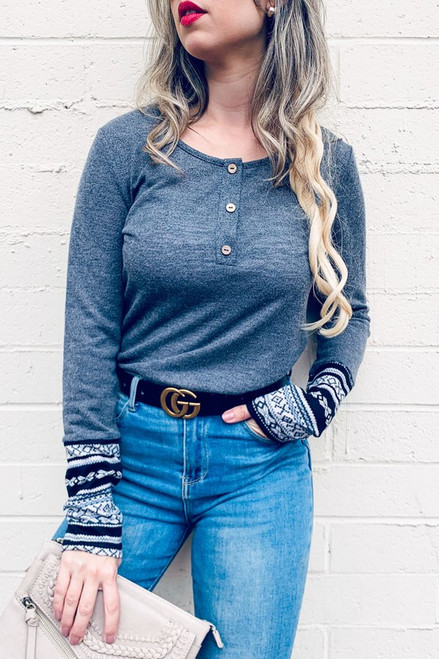 Aztec print sleeve detail casual button knit top