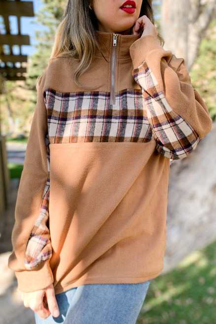 Plaid print color block half zip up detail fleece top