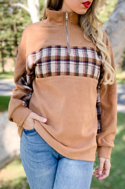 Plaid print color block half zip up detail fleece top
