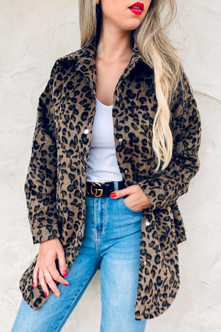 Leopard printed faux fur side button down detail shirt jacket with pocket