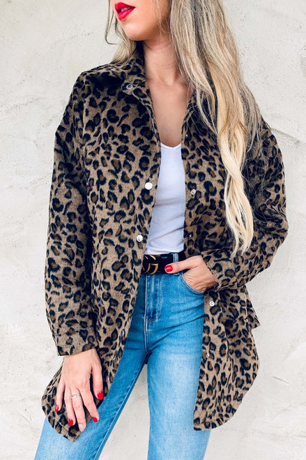Leopard printed faux fur side button down detail shirt jacket with pocket