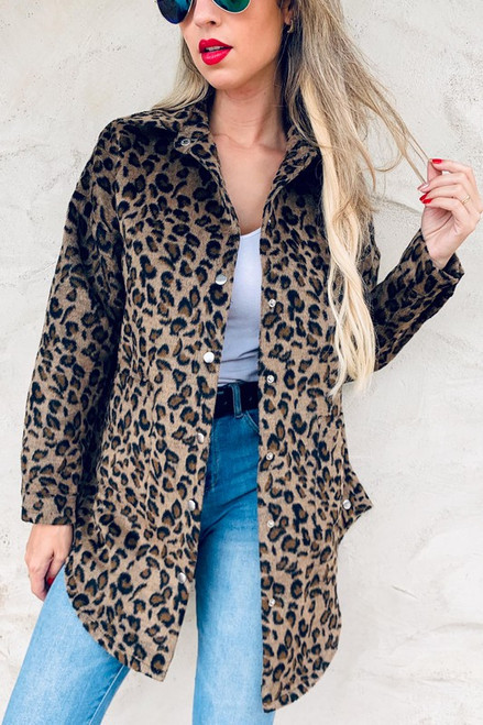 Leopard printed faux fur side button down detail shirt jacket with pocket