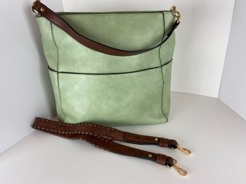 Sage Hobo Handbag, Braided adjustable Strap with large pockets.
