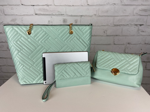 Light sage large quilted tote, cross body clutch, & wristlet 3-in-1 set