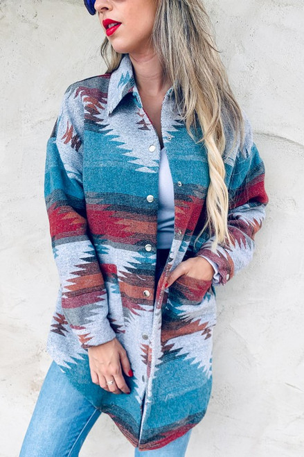 Aztec shacket side button down snap detail