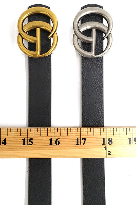 CG double ring antique silver buckle faux leather belt black one size.